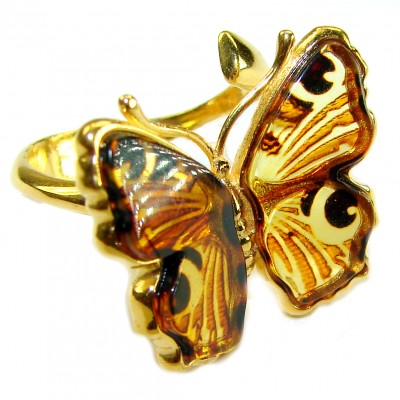 Butterfly Authentic Baltic Amber 14K Gold over.925 Sterling Silver handcrafted ring; s. 8 adjustable