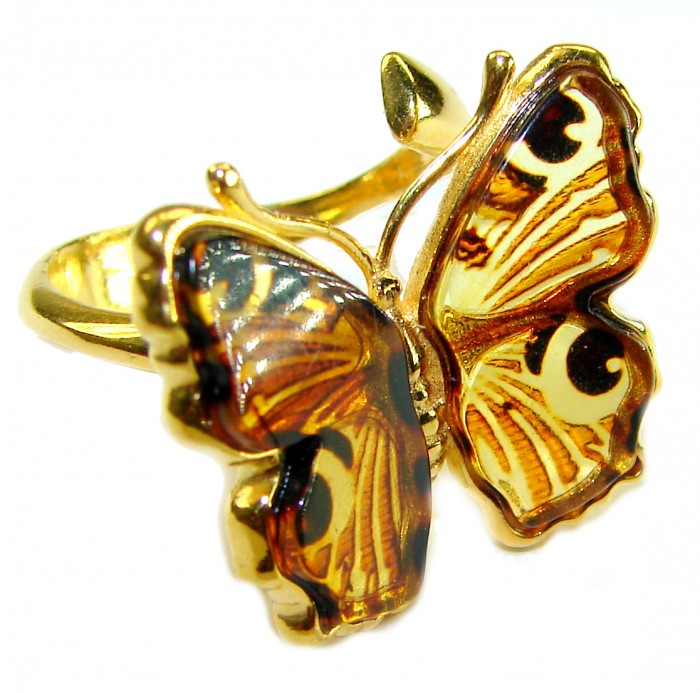 Butterfly Authentic Baltic Amber 14K Gold over.925 Sterling Silver handcrafted ring; s. 8 adjustable