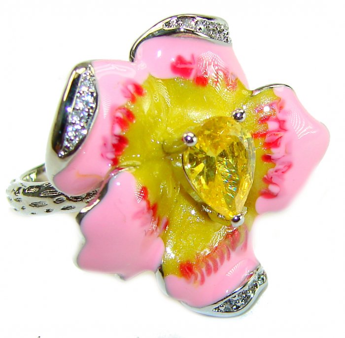 Art Deco Pink Flower Enamel 2.5 carat Citrine .925 Sterling Silver handmade Ring size 6 - video