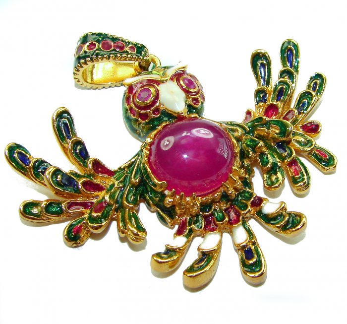 Precious Parrot Natural 8.2 carat Star Ruby Enamel 18K Gold over .925 Sterling Silver Pendant - video