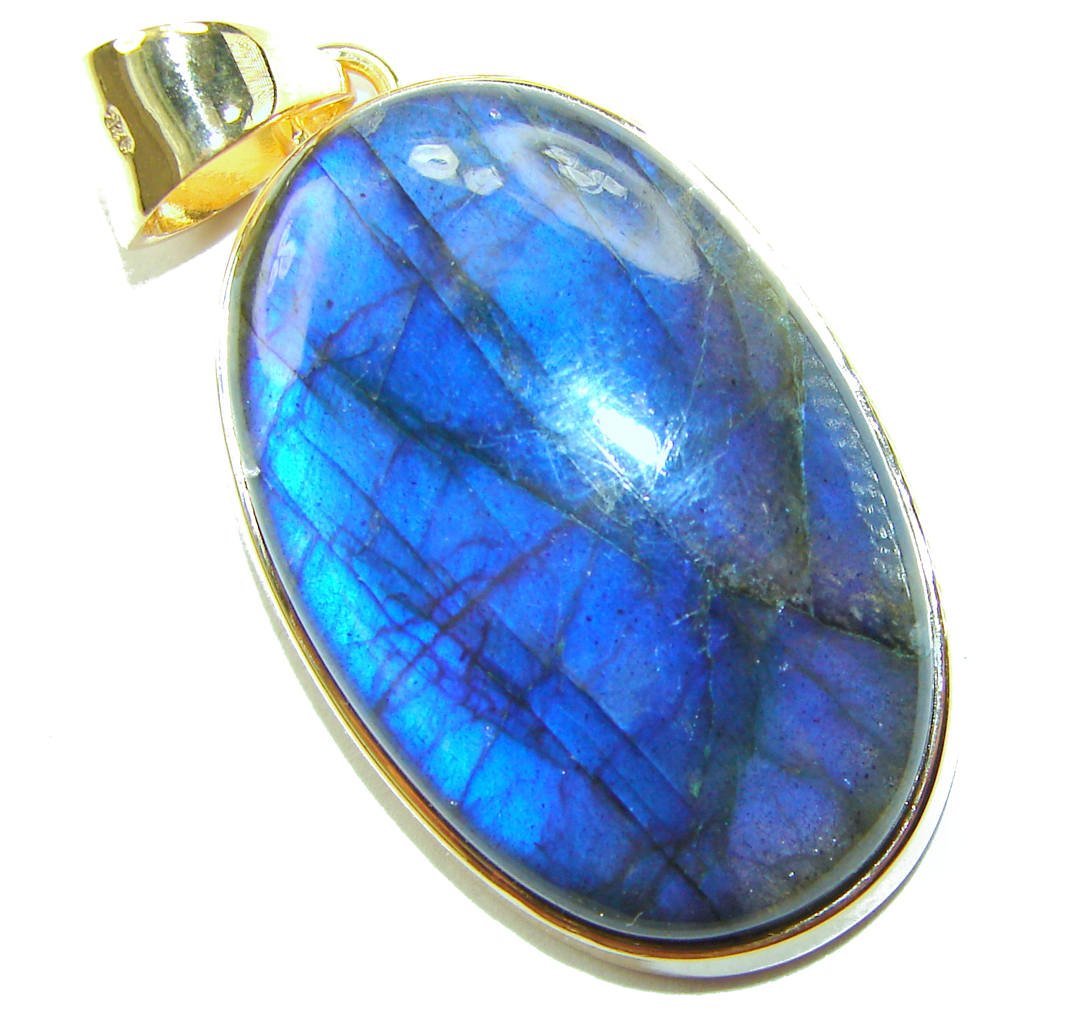 Labradorite Pendant 925 Sterling Silver 14K Gold Overlay Blue Gemstone Oval