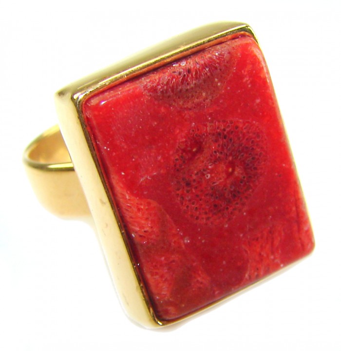 Bochic Style Natural Fossilized Coral .925 Sterling Silver handmade ring s. 8 adjustable
