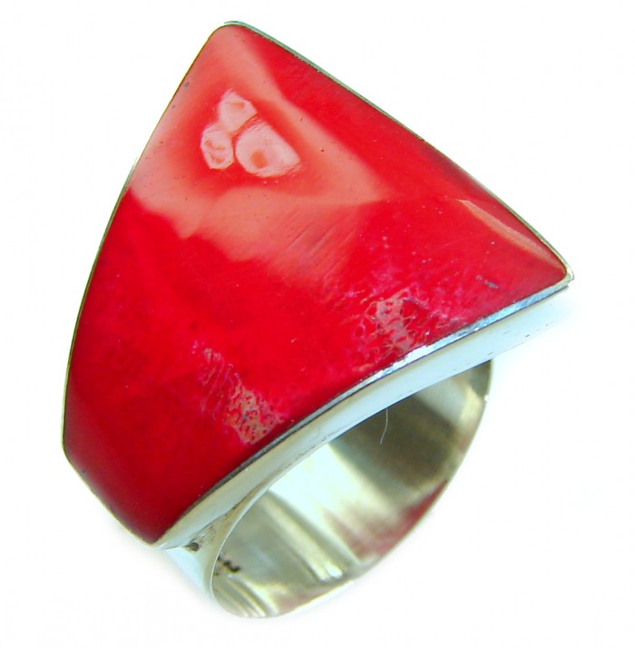 Bohemian Style Natural Fossilized Coral .925 Sterling Silver handmade ring s. 7 adjustable