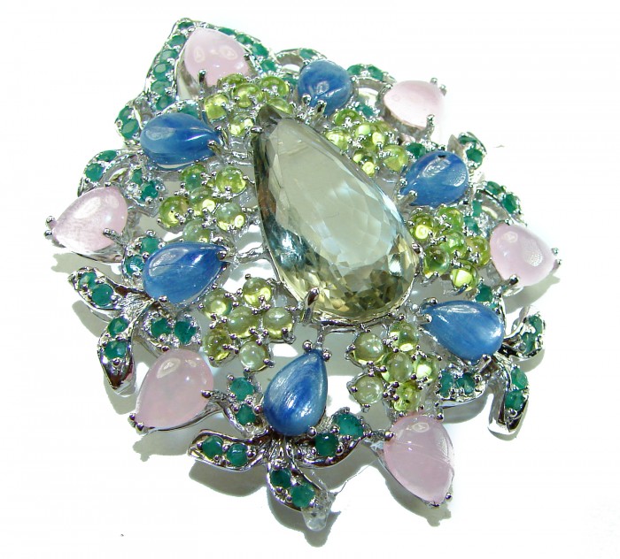 Royalty - Vintage style genuine 85.6 carat Green Amethyst .925 Sterling Silver handmade LARGE Pendant - Brooch