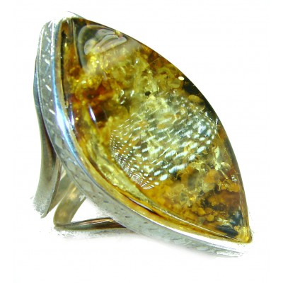 Large - Golden Power Baltic Amber .925 Sterling Silver handcrafted ring; s. 7 adjustable
