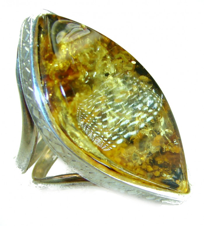 Large - Golden Power Baltic Amber .925 Sterling Silver handcrafted ring; s. 7 adjustable