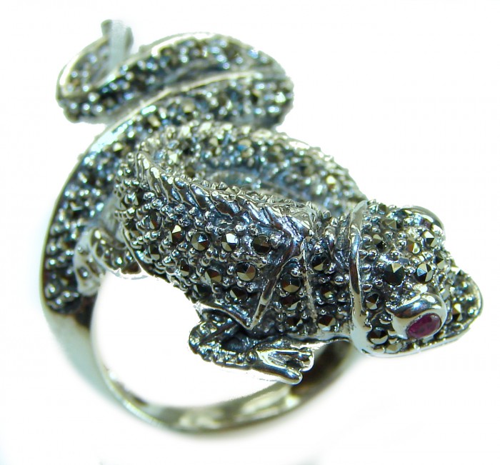 Lizard Natural Marcasite Ruby .925 Statement Sterling Silver ring size 7