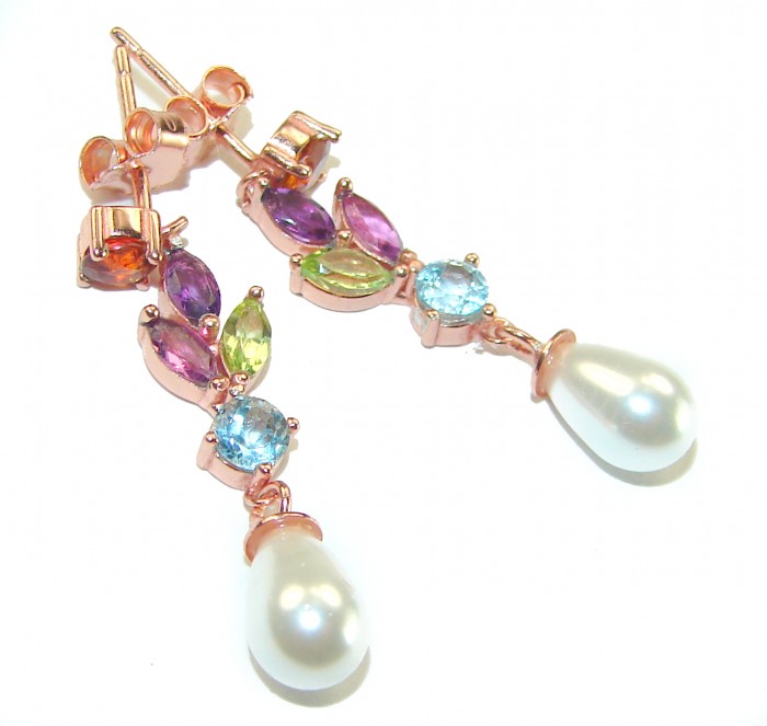 Genuine Pearl Multigem 18K Gold over .925 Sterling Silver handcrafted Statement Earrings