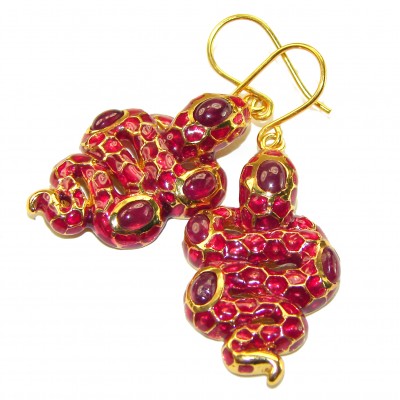Red Cobra Snakes Genuine Enamel Ruby 18K Gold over .925 Sterling Silver handcrafted Earrings