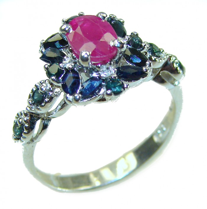 Extravaganza Authentic 1.3 carat Ruby Sapphire .925 Sterling Silver handmade Cocktail Ring s. 7