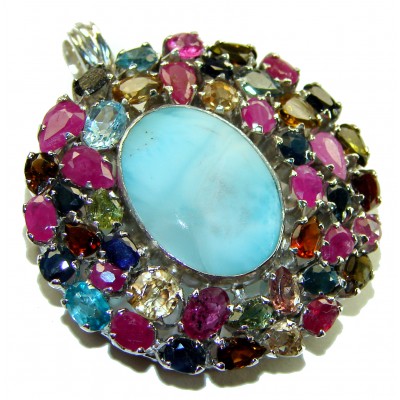 One of a kind Genuine 38.5 carat Larimar Tourmaline .925 Sterling Silver handmade Pendant - Brooch