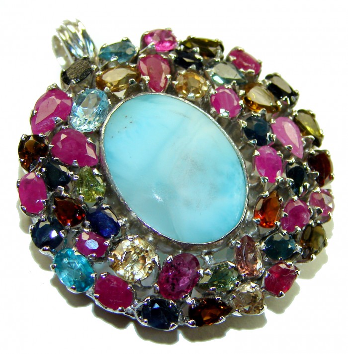 One of a kind Genuine 38.5 carat Larimar Tourmaline .925 Sterling Silver handmade Pendant - Brooch