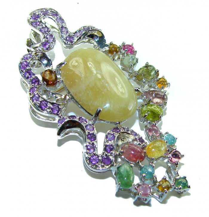 Vintage Design 23.9 Natural Golden Yellow Sapphire .925 Sterling Silver handcrafted Pendant Brooch - video