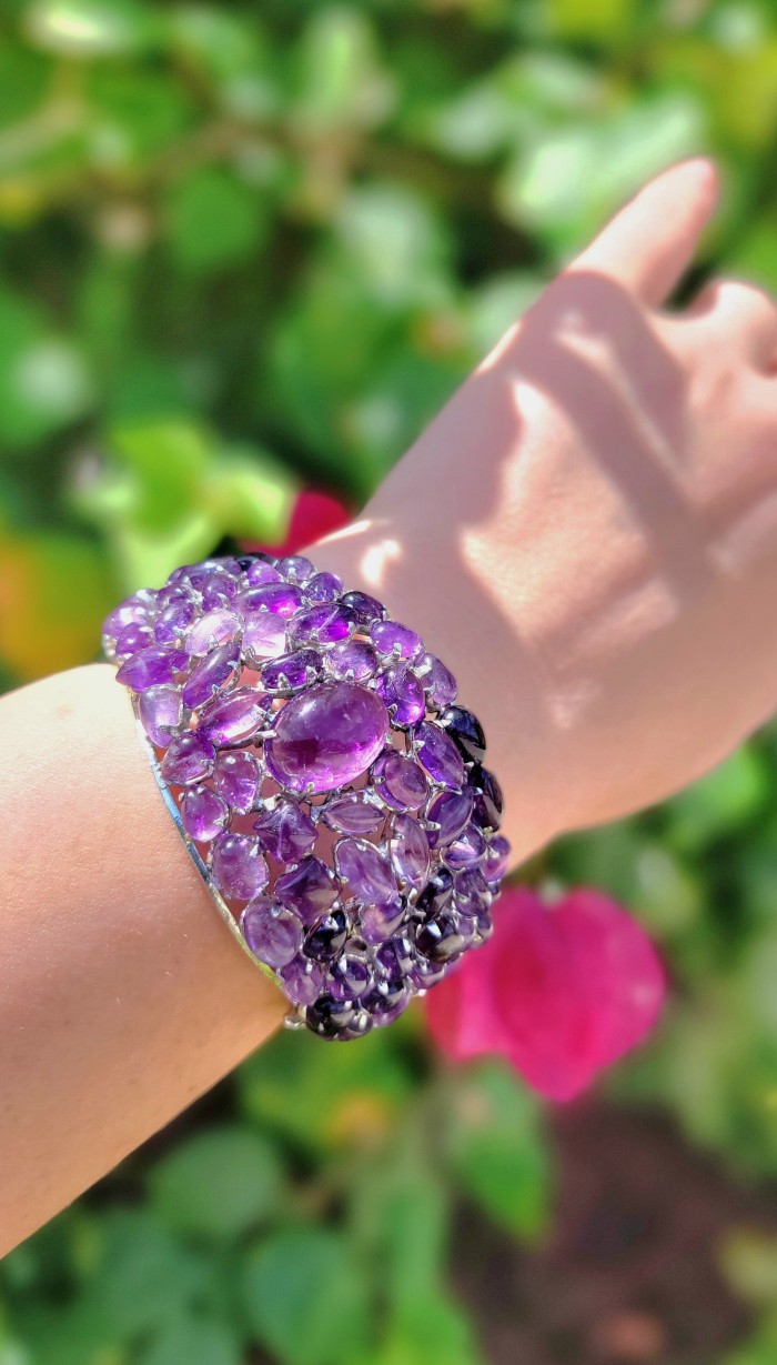 Lavishly Abundant - Huge Spectacular 205 carat authentic Amethyst .925 Sterling Silver handmade bangle Bracelet