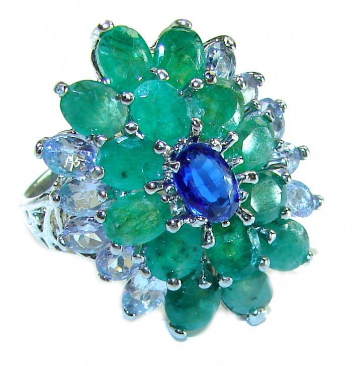Luxurious 11.5 ctw Colombian Emerald .925 Sterling Silver handcrafted Statement Ring size 7