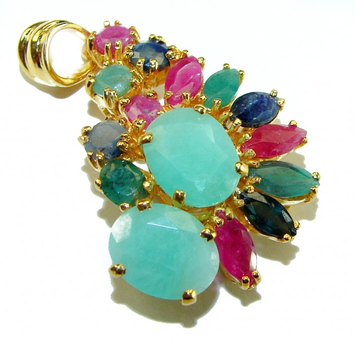 Luxurious 14.5 carat Emerald 18K Gold over .925 Sterling Silver handmade Statement Pendant