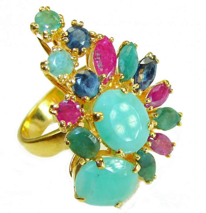 Luxurious 12.5 carat Emerald 18K Gold over .925 Sterling Silver handmade Statement Ring size 7