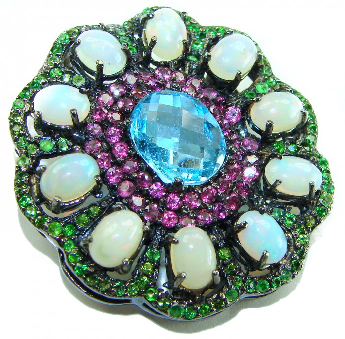 Costa del Sol oval cut 27.8 carat Ethiopian Opal Swiss Blue Topaz .925 Sterling Silver Handcrafted Pendant - video