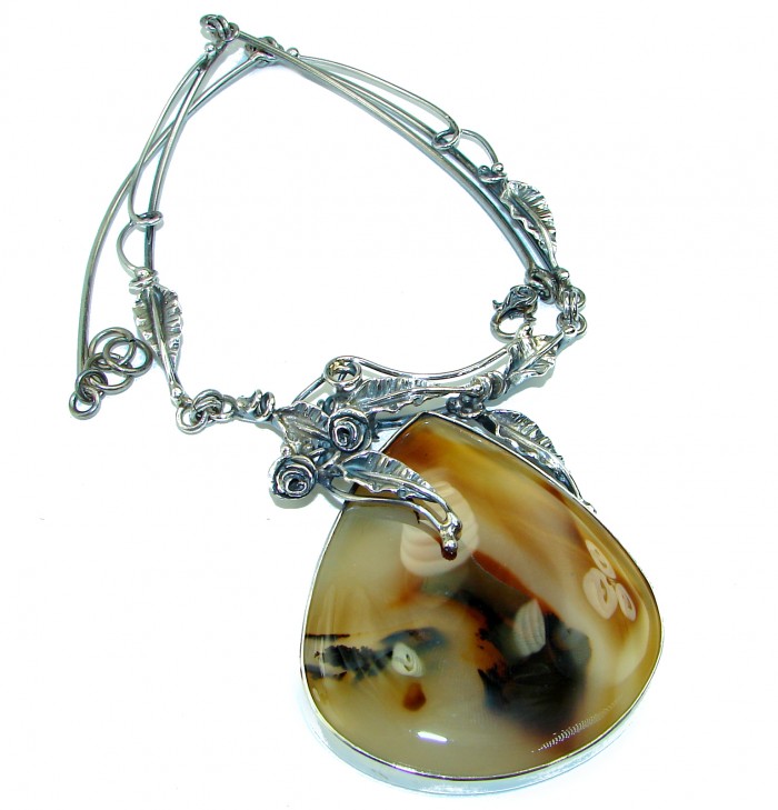 Oversized 85.3 grams Master Piece genuine Botswana Agate .925 Sterling Silver handcrafted necklace