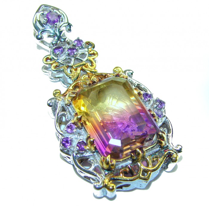 Deluxe baquette cut 12.5 carat Ametrine 18K Gold over .925 Sterling Silver handmade Pendant