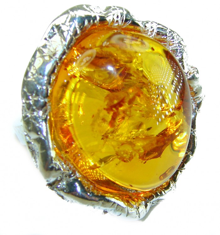 Large Golden Power natural Baltic Amber .925 Sterling Silver handcrafted ring; s. 7 adjustable