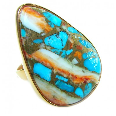 Huge Rare 39.5 carat Oyster Turquoise 18K Gold over .925 Sterling Silver handcrafted Large ring; s. 7 adjustable