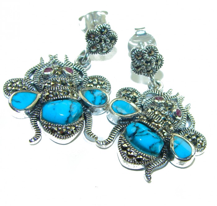 Blue Bees inlay Turquoise Ruby Marcasite .925 Sterling Silver Handcrafted earrings