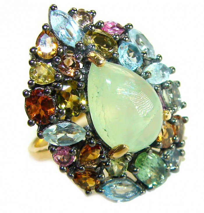Royal quality genuine Prehnite Tourmaline 18K Gold over .925 Sterling Silver handcrafted .925 Sterling Silver handcrafted ring s. 6 1/4