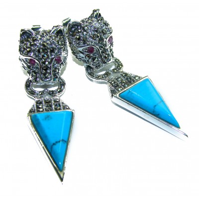 Spectacular Blue Cheetah inlay Turquoise .925 Sterling Silver handcrafted Earrings