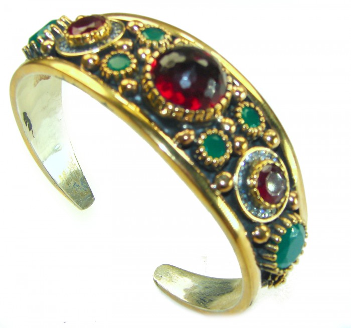 Victorian Style 22.5 carat Ruby Emerald & White Topaz .925 Sterling Silver Bracelet / Cuff