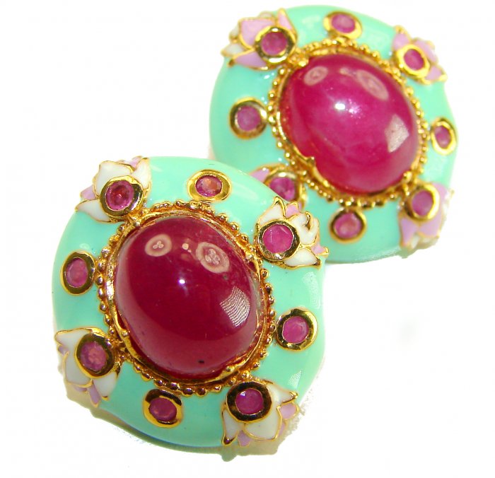 Countless Blessings Genuine 8.5 carat Authentic Ruby mint enamel 18K Gold over .925 Sterling Silver handcrafted earrings - video