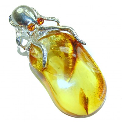 Enchanted Ocean - Large Octopus genuine Baltic Amber .925 Sterling Silver handmade Pendant