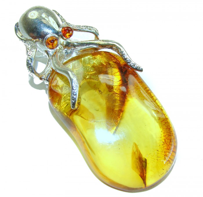 Enchanted Ocean - Large Octopus genuine Baltic Amber .925 Sterling Silver handmade Pendant