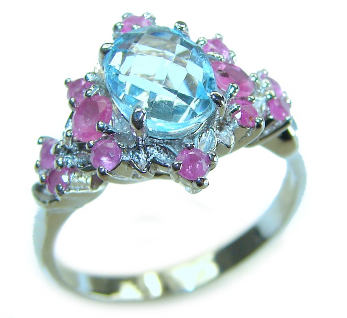 5.8 carat Swiss Blue Topaz Ruby .925 Sterling Silver handcrafted ring size 7