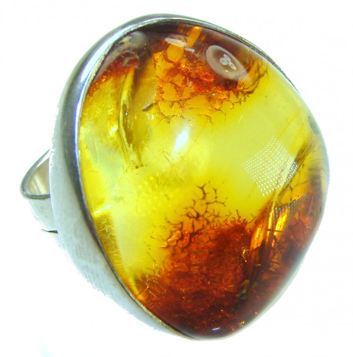 Large the best quality Natural Baltic Amber .925 Sterling Silver handcrafted ring; s. 7 adjustable