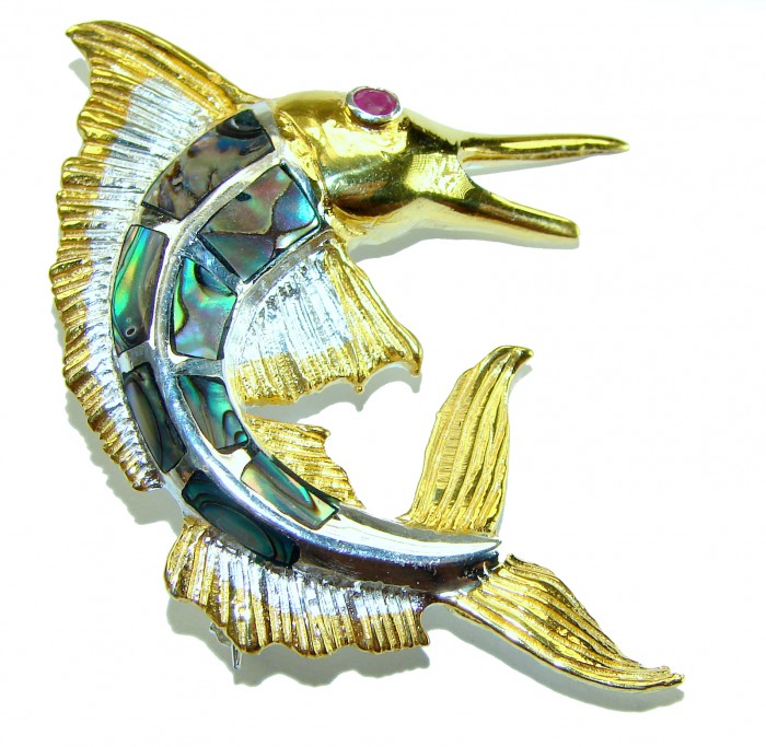 Precious Fish Natural Rainbow Abalone Ruby 14K Gold over .925 Sterling Silver handmade Pendant Brooch