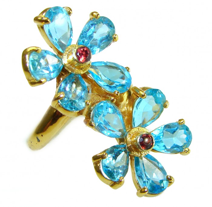 Blue Garden 27.8 carat Swiss Blue Topaz 14K Gold over .925 Sterling Silver handcrafted Large ring size 8
