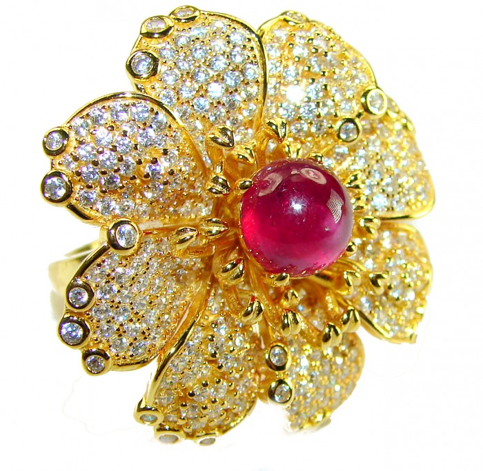 Bella Rosa Natural 28.4 carat Ruby White Sapphire 22K Gold over .925 Sterling Silver handmade Large Statement Ring size 6 1/4