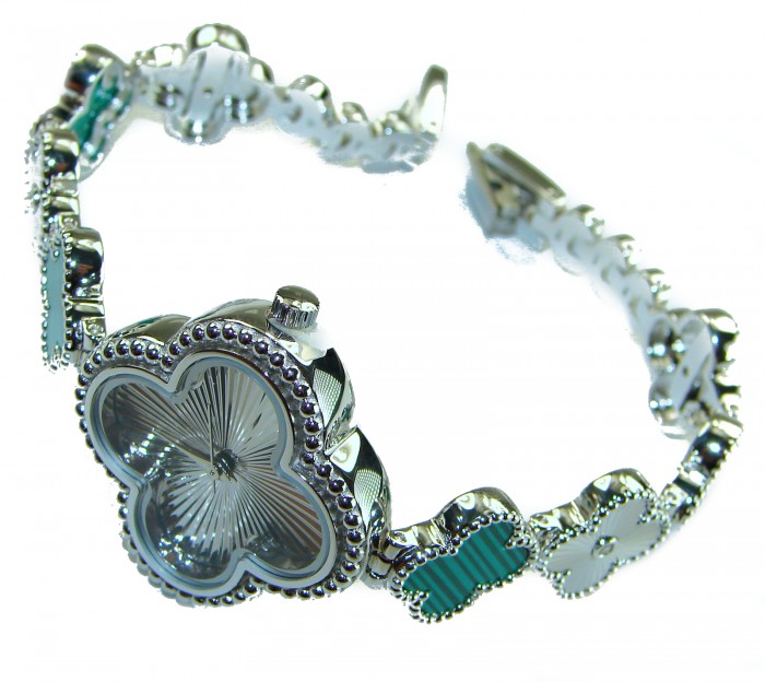 Precious Lucky Four Leaf Clover Authentic Malachite .925 Sterling Silver handmade Bracelet Watch