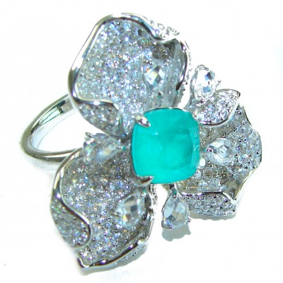 Floral design 4.2 carat Emerald .925 Sterling Silver .925 Sterling Silver Statement Ring size 7