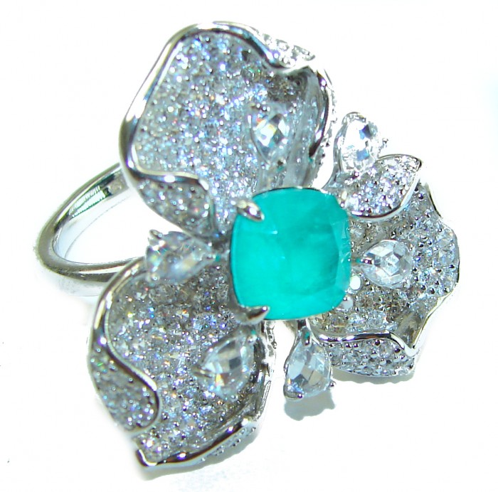 Floral design 4.2 carat Emerald .925 Sterling Silver .925 Sterling Silver Statement Ring size 7