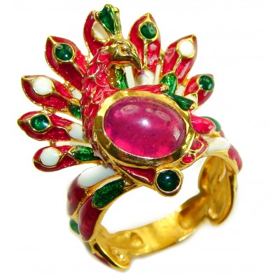 Red peacock 3.3 carat Ruby Enamel 18K Gold over .925 Sterling Silver Huge handcrafted Ring s. 7