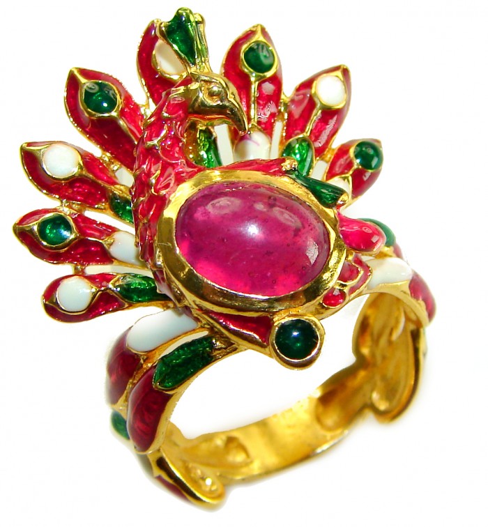 Red peacock 3.3 carat Ruby Enamel 18K Gold over .925 Sterling Silver Huge handcrafted Ring s. 7