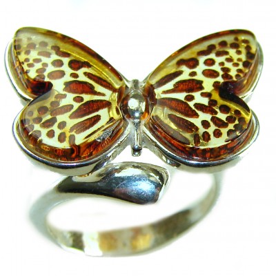 Butterfly Authentic carved Baltic Amber .925 Sterling Silver handcrafted ring; s. 8 adjustable