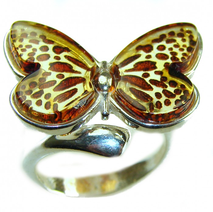Butterfly Authentic carved Baltic Amber .925 Sterling Silver handcrafted ring; s. 8 adjustable
