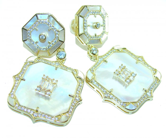 Sublime Blister Pearl 1.2 carat White Sapphire 14K Gold over .925 Sterling Silver handcrafted Earrings