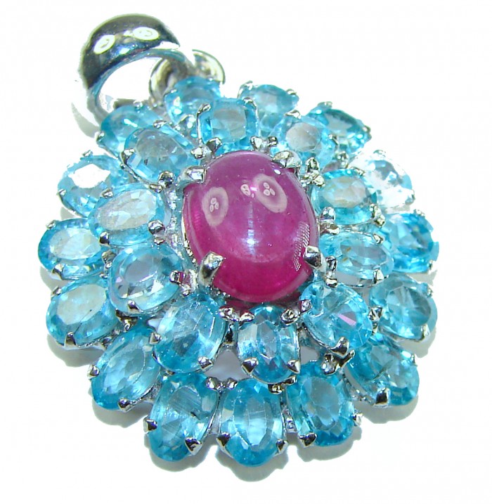 Magnificent Jewel 18.5 carat Ruby Swiss Blue Topaz .925 Sterling Silver handcrafted incredible Statement Pendant