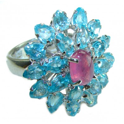 Magnificent Jewel 58.5 carat Ruby Swiss Blue Topaz .925 Sterling Silver handcrafted incredible Cocktail Ring s. 7 1/4