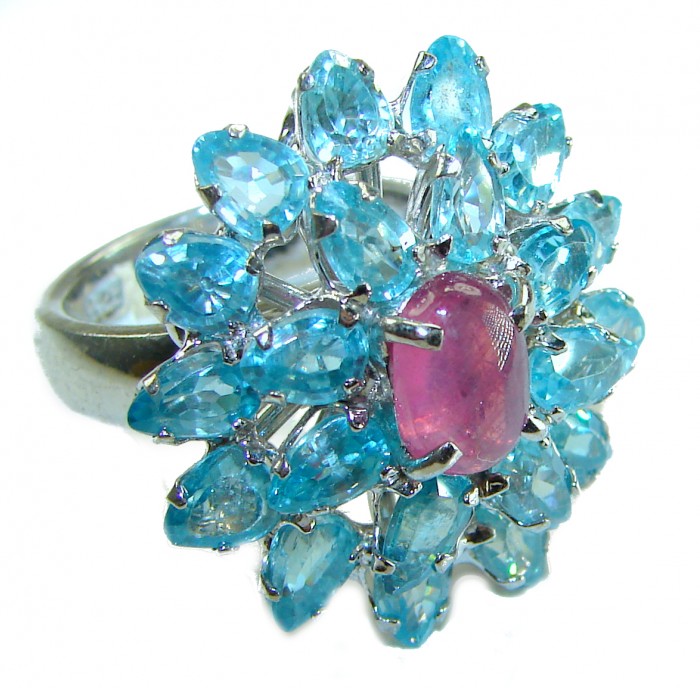 Magnificent Jewel 58.5 carat Ruby Swiss Blue Topaz .925 Sterling Silver handcrafted incredible Cocktail Ring s. 7 1/4