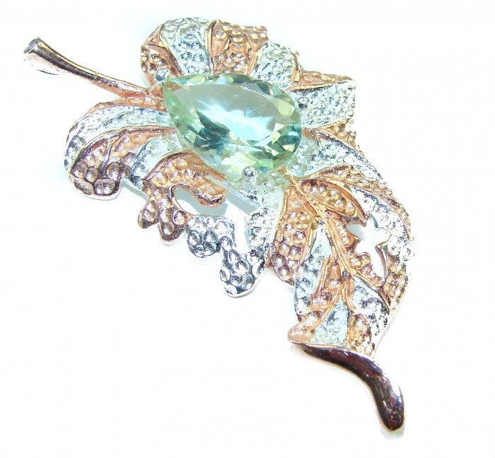 Precous Leaf Genuine Green Amethst 18K Gold over .925 Sterling Silver handcrafted Statement pendant